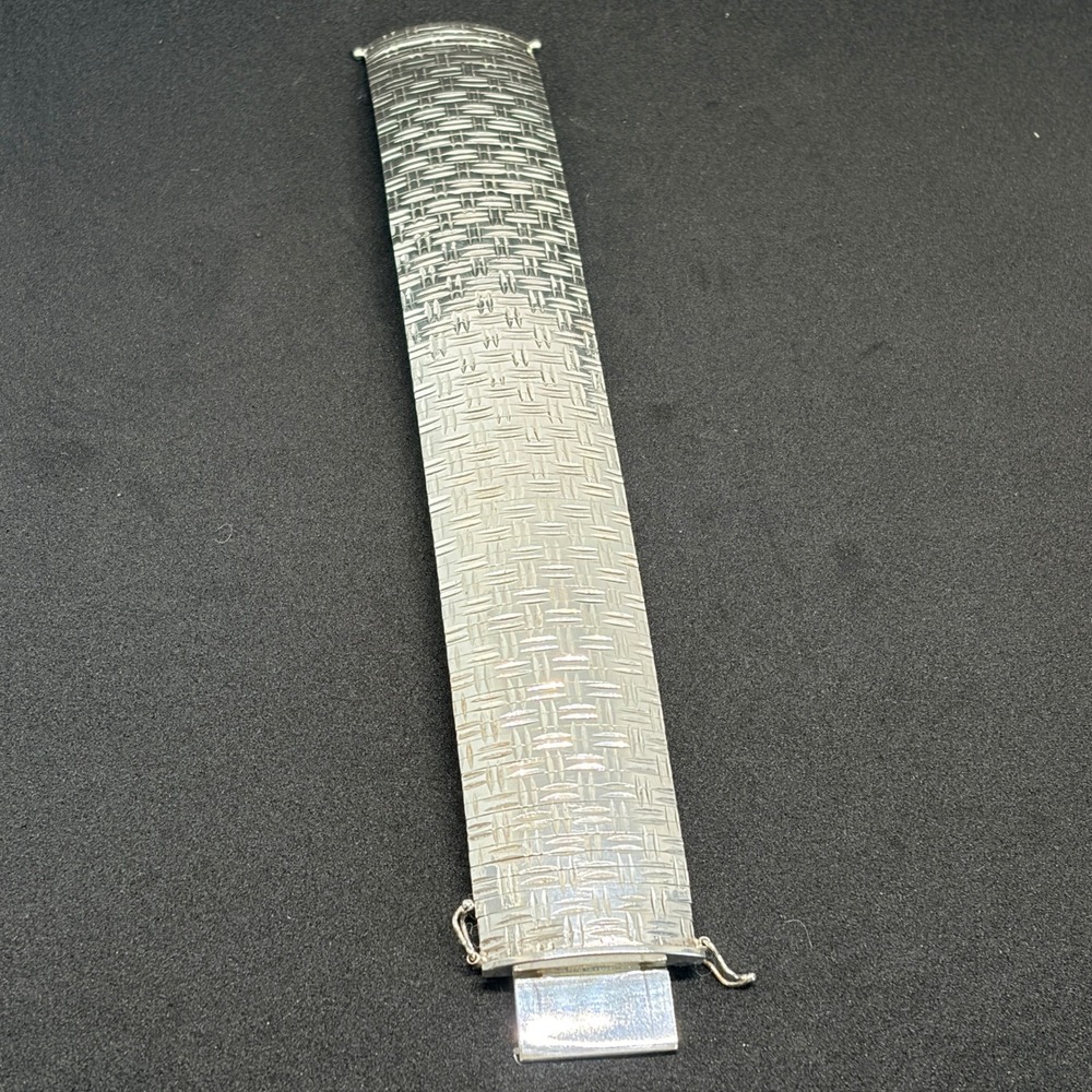 Vintage Italian Cuff Bangle Bracelet 925 Sterling Silver Basketweave Luxe 8" - Picture 2 of 6